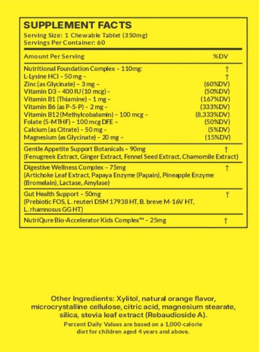 AppetUp Kids | Natural Appetite, Digestion & Growth Support Formula for Children 60 Chewable Tablets | 350mg Each | Natural Flavors