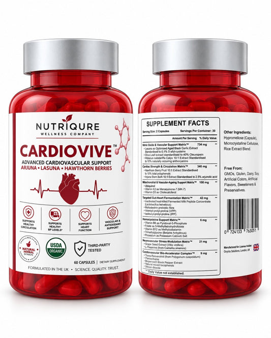 CARDIOVIVE bottle back showing Supplement Facts, serving size, ingredients and labelled amounts.