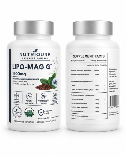 LIPO-MAG G bottle back showing Supplement Facts, serving size, ingredients and labelled amounts.
