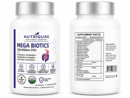 MEGA BIOTICS bottle back showing Supplement Facts, serving size, ingredients and labelled amounts.