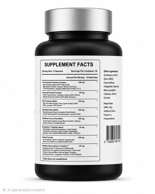 PROSTAVIVE bottle back showing Supplement Facts, serving size, ingredients and labelled amounts.