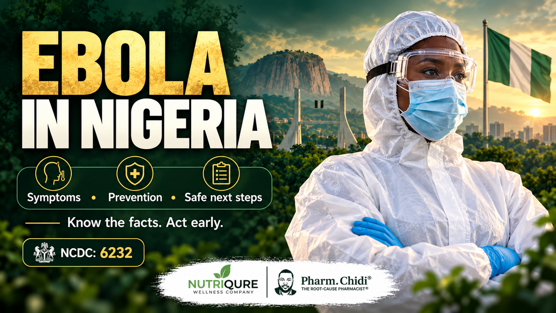 NutriQure Ebola awareness graphic showing healthcare professionals, the confirmed Abuja case and contacts under monitoring, dated October 2026.