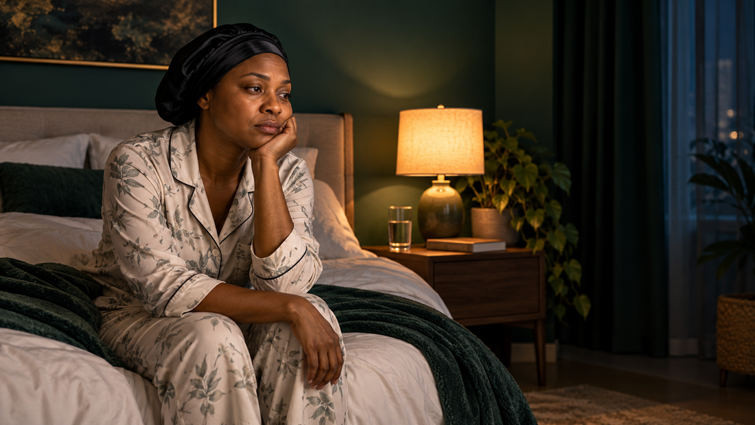 Woman awake in bed at night beside a warm lamp, illustrating common sleep difficulties