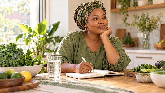 Nigerian woman planning a healthy routine with vegetables and water for liver wellness