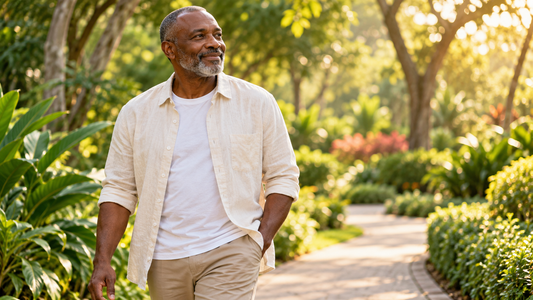 Older man enjoying a morning walk in a green garden