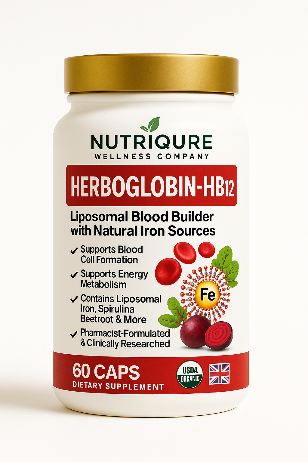Herboglobin-HB12 | Comprehensive Iron & Blood Building & B12 Energy Support | 60 Capsules | 30 Servings