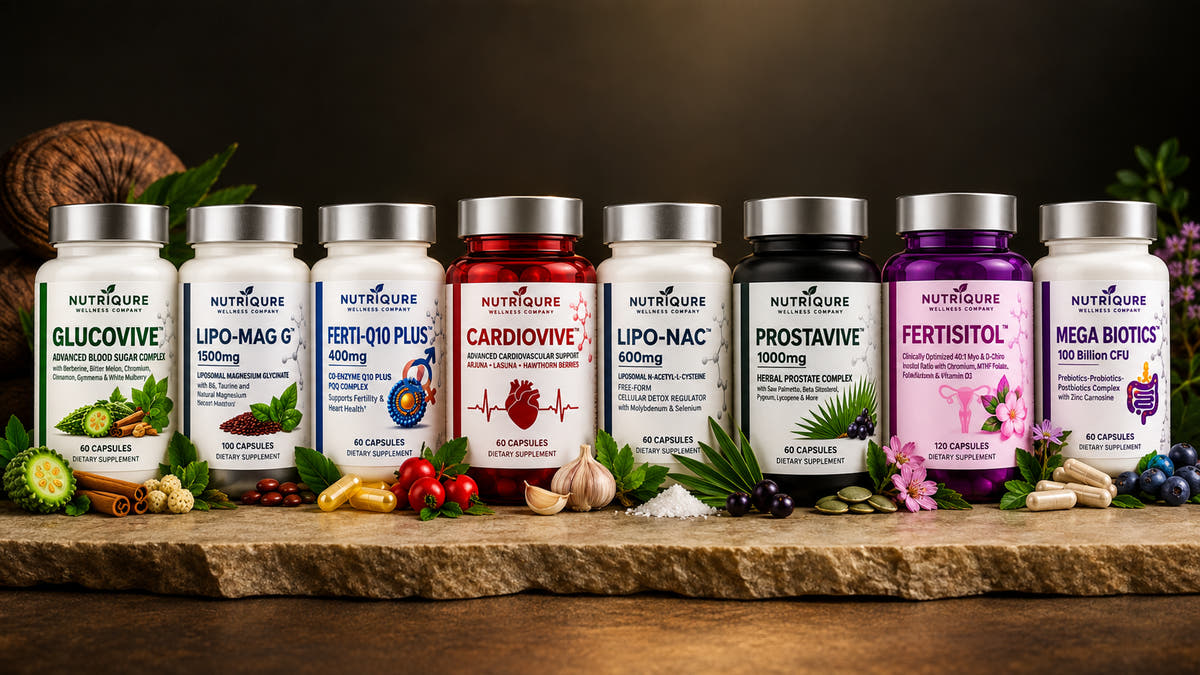Selection of NutriQure supplement bottles and botanical ingredients