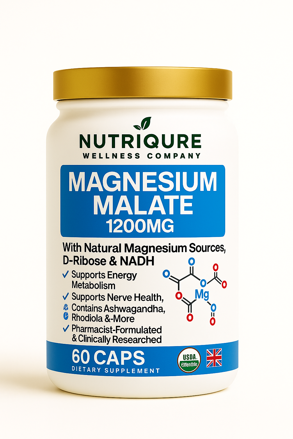 Magnesium Malate | Advanced Bioavailable Magnesium Complex for Energy, Muscle & Nerve Support 60 Capsules | 2-A-Day Formula