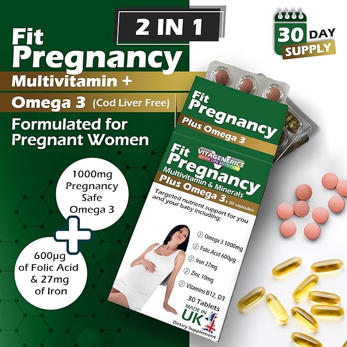 VITAGENERICS FitPregnancy Multivitamin & Minerals Plus Omega 3 | 30 Tablets Plus 30 Capsules | with 600µg Folic Acid, Iron, Zinc, B Vitamins & More. UK Made for Pregnant Women