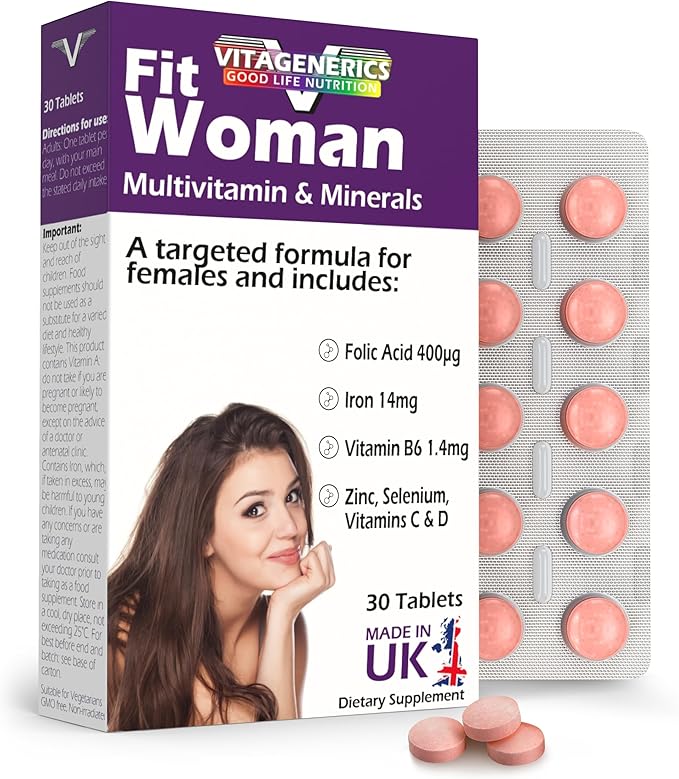 VITAGENERICS FitWoman High Strength Multivitamin & Minerals | x30 Tablets | with Folic Acid, Iron, Zinc, Selenium, Biotin, Vitamin C, B-Complex & More! UK Made Supplement for Women
