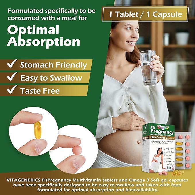 VITAGENERICS FitPregnancy Multivitamin & Minerals Plus Omega 3 | 30 Tablets Plus 30 Capsules | with 600µg Folic Acid, Iron, Zinc, B Vitamins & More. UK Made for Pregnant Women