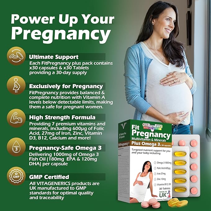 VITAGENERICS FitPregnancy Multivitamin & Minerals Plus Omega 3 | 30 Tablets Plus 30 Capsules | with 600µg Folic Acid, Iron, Zinc, B Vitamins & More. UK Made for Pregnant Women