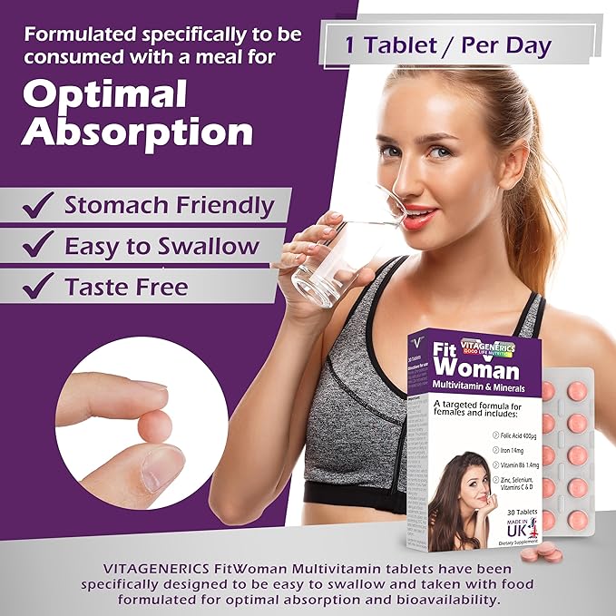 VITAGENERICS FitWoman High Strength Multivitamin & Minerals | x30 Tablets | with Folic Acid, Iron, Zinc, Selenium, Biotin, Vitamin C, B-Complex & More! UK Made Supplement for Women
