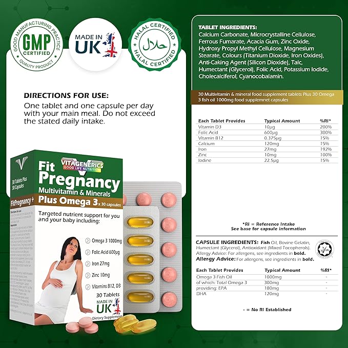 VITAGENERICS FitPregnancy Multivitamin & Minerals Plus Omega 3 | 30 Tablets Plus 30 Capsules | with 600µg Folic Acid, Iron, Zinc, B Vitamins & More. UK Made for Pregnant Women