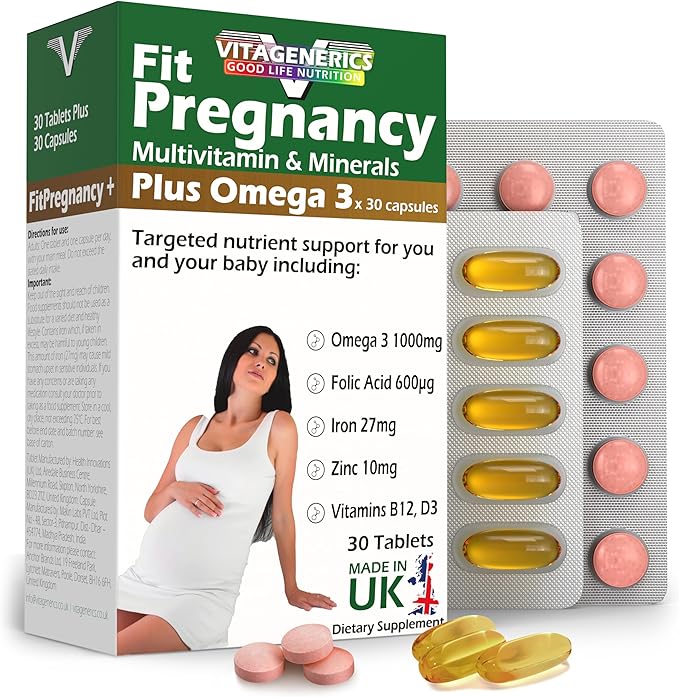 VITAGENERICS FitPregnancy Multivitamin & Minerals Plus Omega 3 | 30 Tablets Plus 30 Capsules | with 600µg Folic Acid, Iron, Zinc, B Vitamins & More. UK Made for Pregnant Women