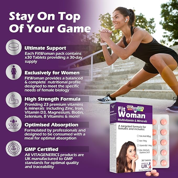 VITAGENERICS FitWoman High Strength Multivitamin & Minerals | x30 Tablets | with Folic Acid, Iron, Zinc, Selenium, Biotin, Vitamin C, B-Complex & More! UK Made Supplement for Women
