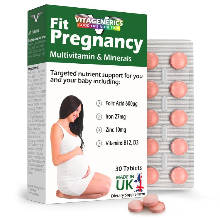 VITAGENERICS FitPregnancy Multivitamin & Minerals | 30 Tablets Plus 30 Capsules | with 600µg Folic Acid, Iron, Zinc, B Vitamins & More. UK Made for Pregnant Women