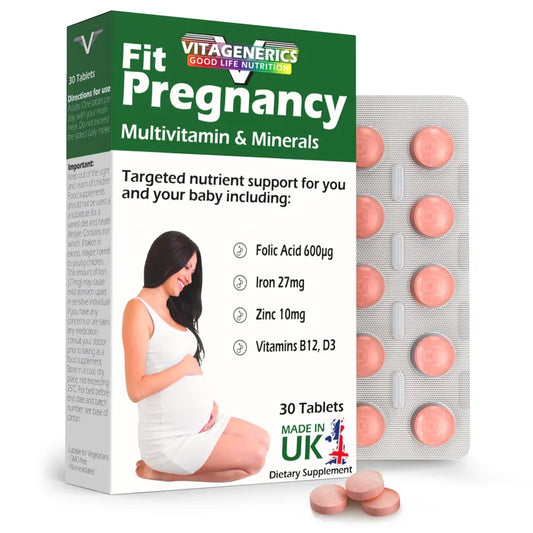 VITAGENERICS FitPregnancy Multivitamin & Minerals | 30 Tablets Plus 30 Capsules | with 600µg Folic Acid, Iron, Zinc, B Vitamins & More. UK Made for Pregnant Women