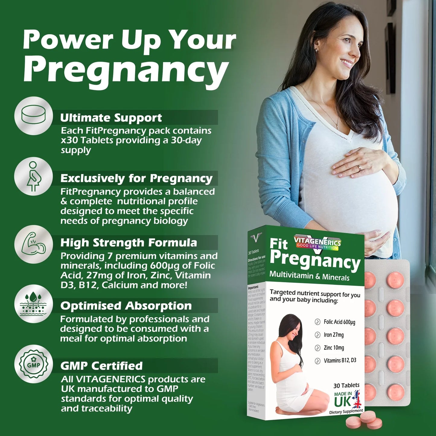 VITAGENERICS FitPregnancy Multivitamin & Minerals | 30 Tablets Plus 30 Capsules | with 600µg Folic Acid, Iron, Zinc, B Vitamins & More. UK Made for Pregnant Women