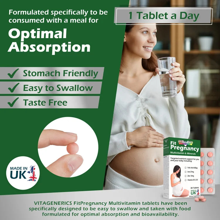 VITAGENERICS FitPregnancy Multivitamin & Minerals | 30 Tablets Plus 30 Capsules | with 600µg Folic Acid, Iron, Zinc, B Vitamins & More. UK Made for Pregnant Women