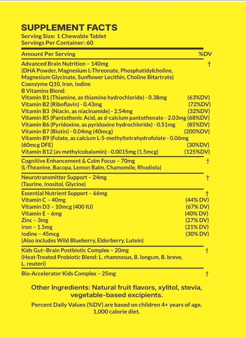 Mega Mind Kids | Advanced Brain & Focus Support Formula for Children 60 Chewable Tablets | Delicious Natural Fruit Flavor | 1-a-Day Formula