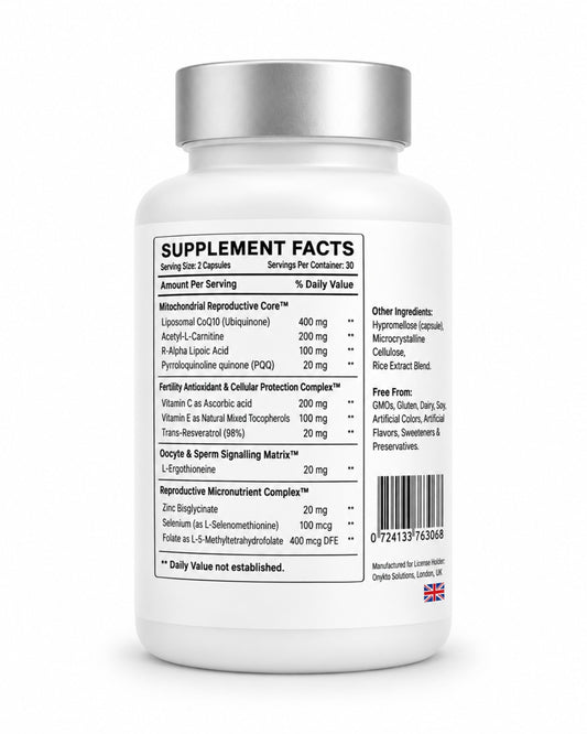 FERTI-Q10 PLUS bottle back showing Supplement Facts, serving size, ingredients and labelled amounts.