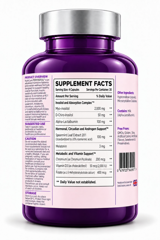 FERTISITOL back bottle with Supplement Facts per four-capsule serving and a milk allergen statement.
