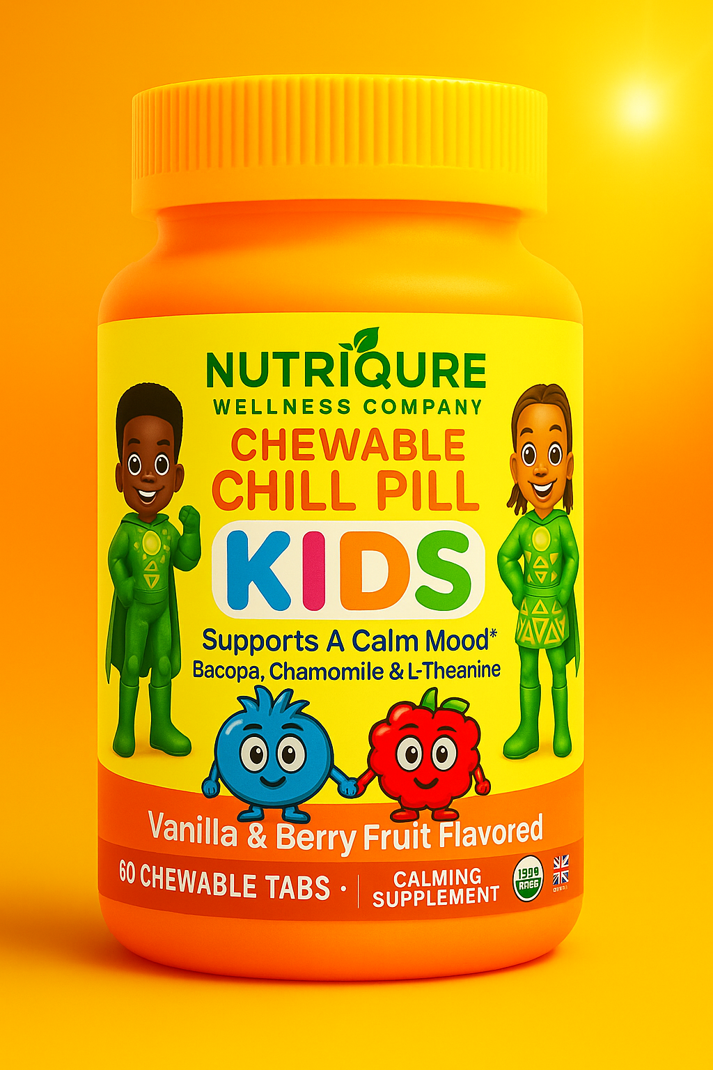 Chill Pill Kids | Natural Calm & Focus Chewables for Kids 60 Chewable Tablets | 350mg Each | Natural Fruit Flavor