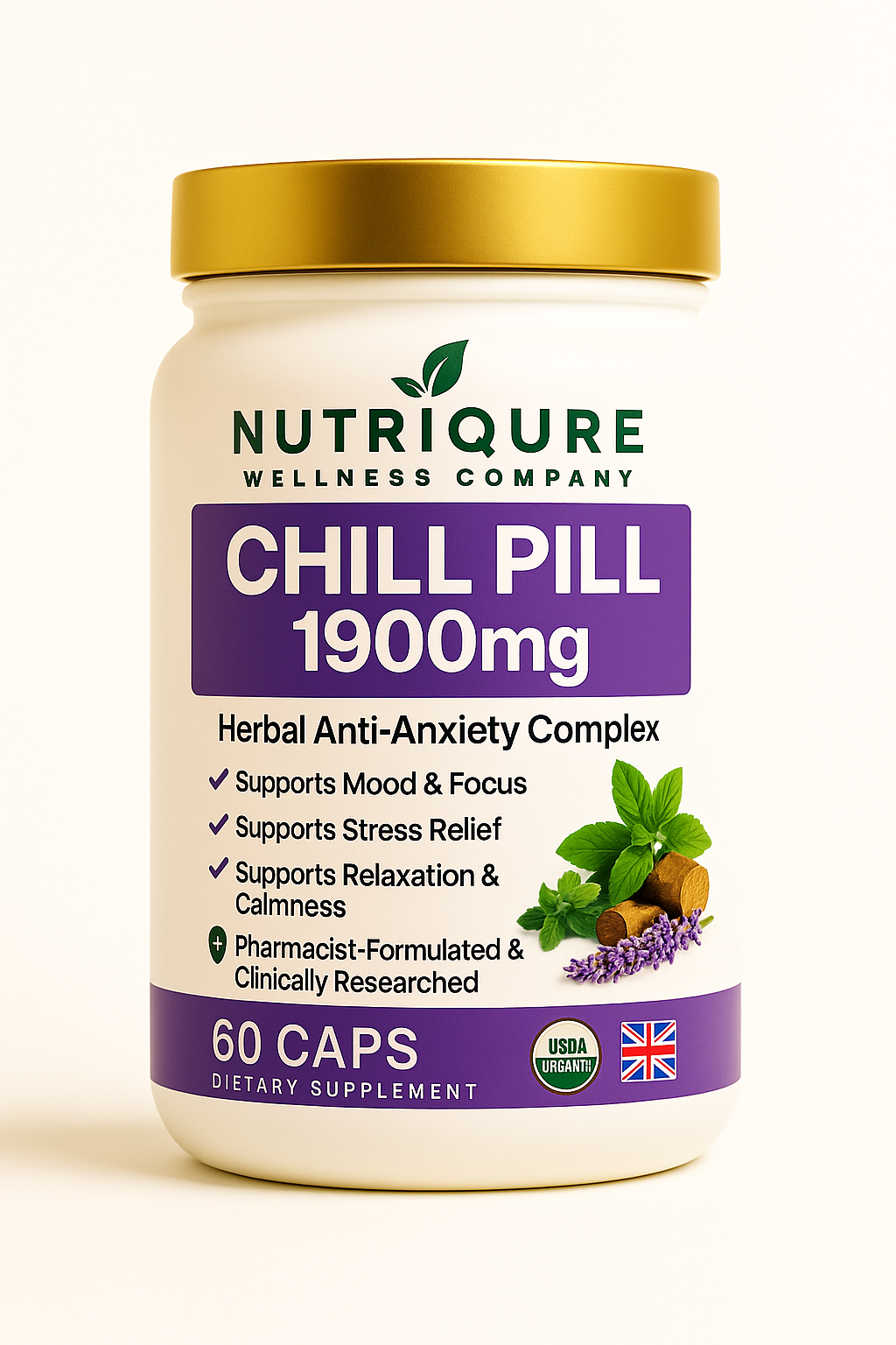 Chill Pill | Advanced Stress, Mood & Cortisol Balance Formula 60 Capsules | 30 Servings | 1,900mg Total