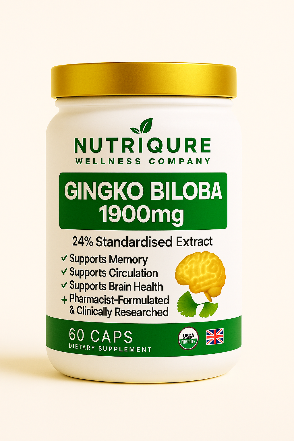 Ginkgo Biloba  |  Advanced Brain, Memory & Circulation Support  60 Capsules | 1,900mg per 2-capsule serving | Pharmacist Formulated