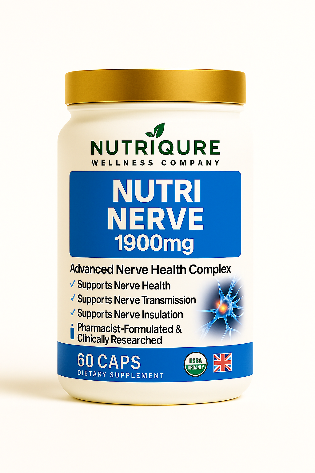 Nutri Nerve  |  Comprehensive Nerve Repair & Neuropathy Support Formula 60 Capsules | 30 Servings | 1,900mg Total