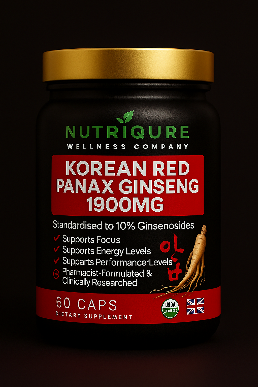 Korean Red Panax Ginseng |  Premium 10:1 Concentrate | High-Ginsenoside Performance Support  60 Capsules | 1,900mg Serving | Pharmacist Formulated