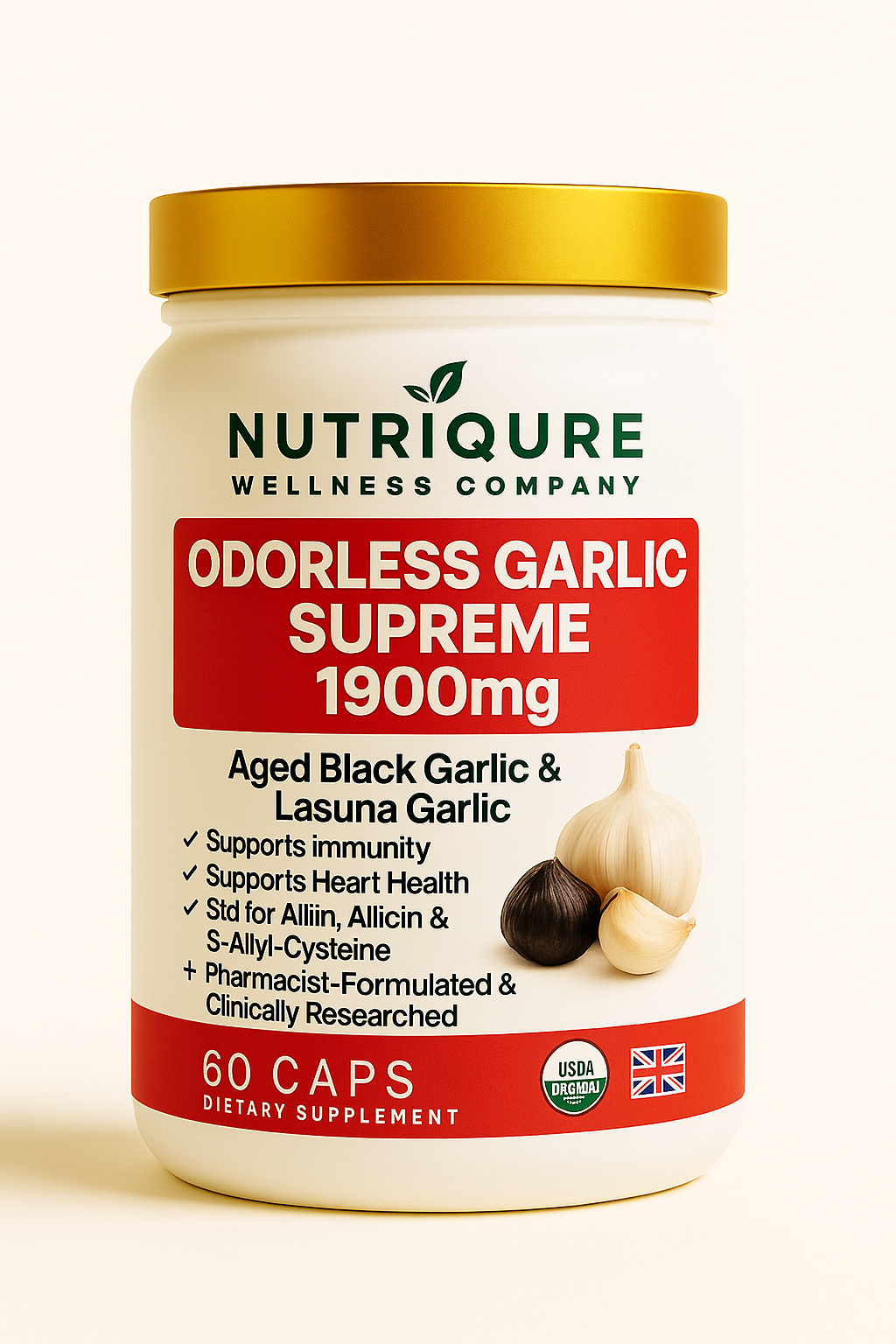 Odorless Garlic Supreme  |  Advanced Cardiovascular, Immune & Antioxidant Protection  60 Capsules | 1,900mg per 2-capsule serving | Pharmacist Formulated