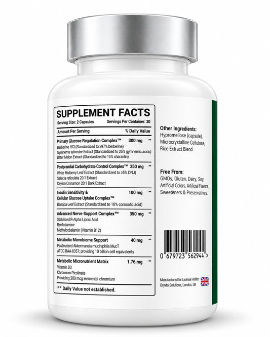 GLUCOVIVE bottle back showing Supplement Facts, two-capsule serving size, ingredient blends and labelled amounts.