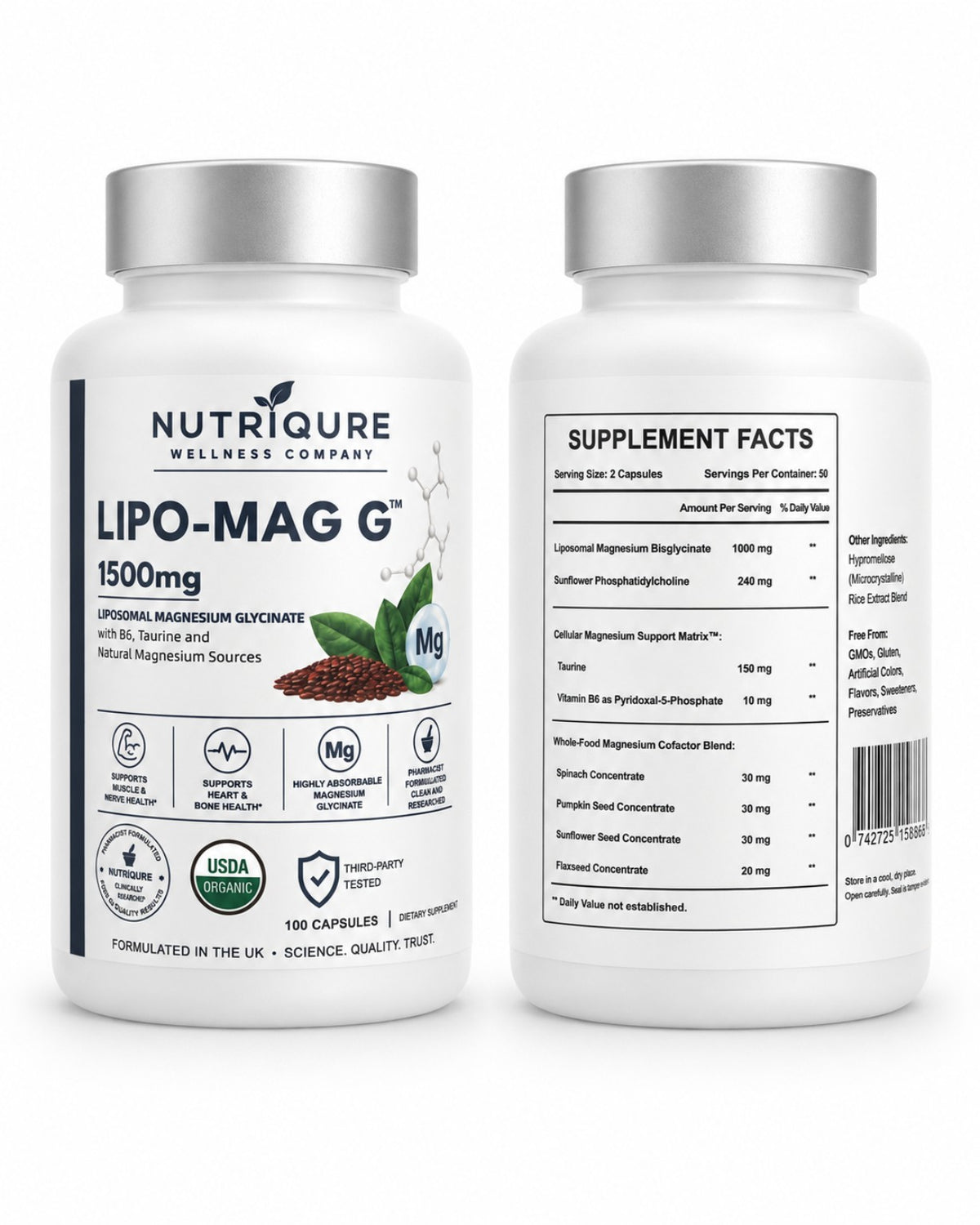 LIPO-MAG G bottle back showing Supplement Facts, serving size, ingredients and labelled amounts.