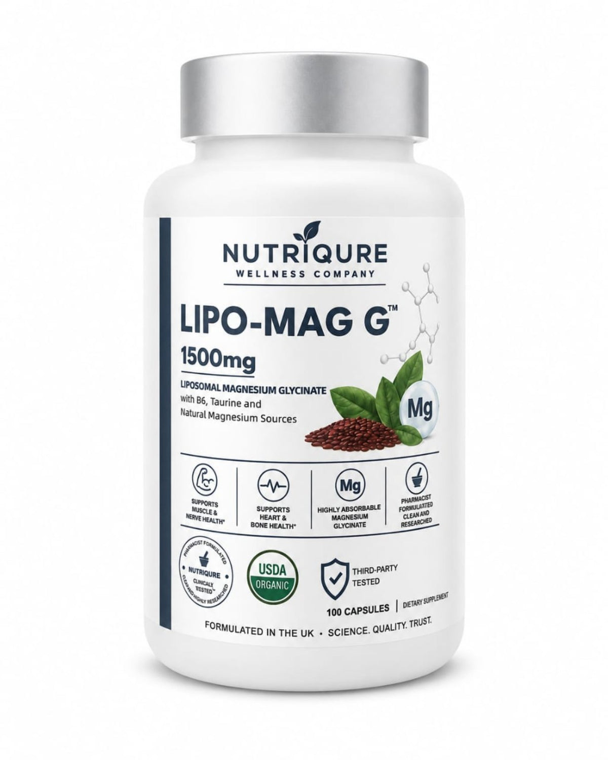 LIPO-MAG G magnesium glycinate bottle with B6 and taurine, 100 capsules