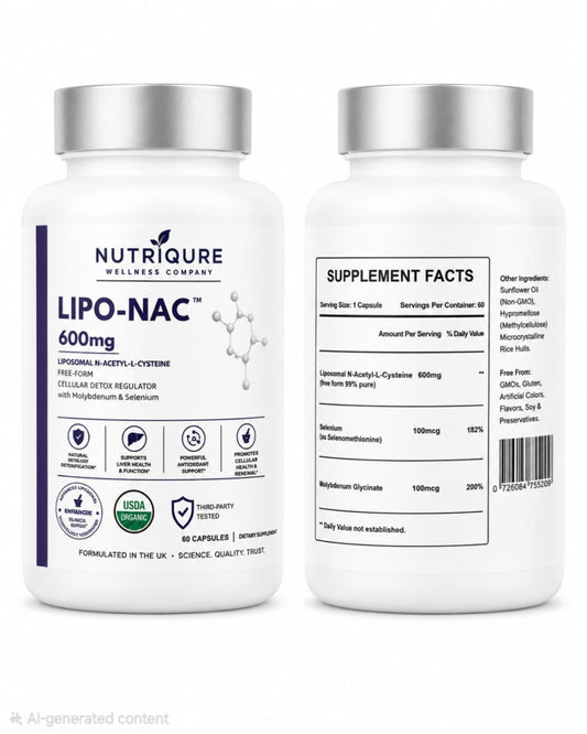 LIPO-NAC bottle back showing Supplement Facts, serving size, ingredients and labelled amounts.