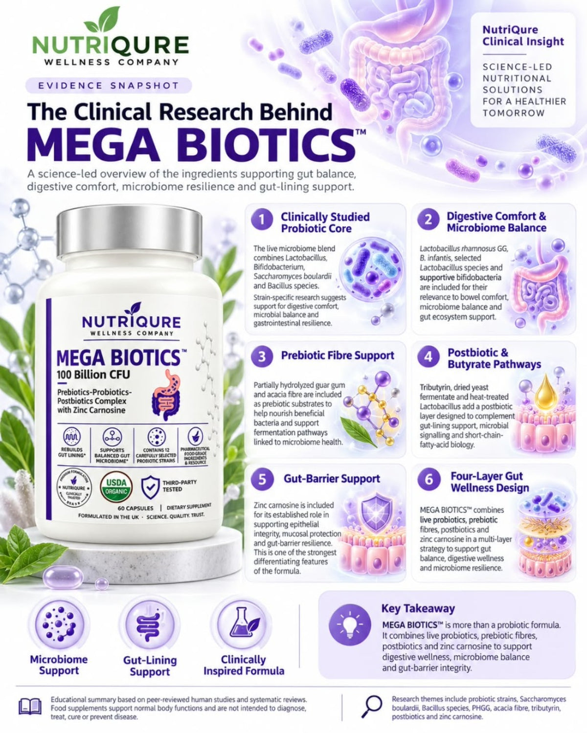 MEGA BIOTICS ingredient research infographic showing the product bottle and an overview of its ingredients and research themes.