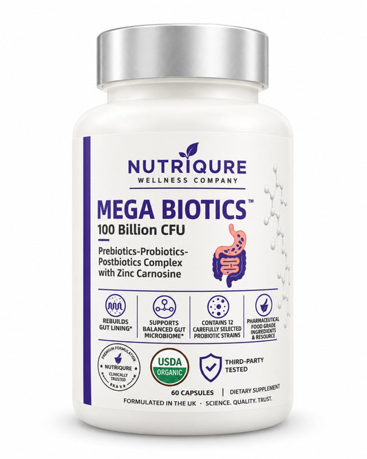 MEGA BIOTICS probiotic supplement, white 60-capsule bottle with silver cap on a white background
