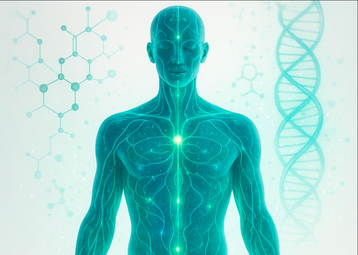 Illustration of a calm human figure with glowing teal lines, beside molecule and DNA graphics