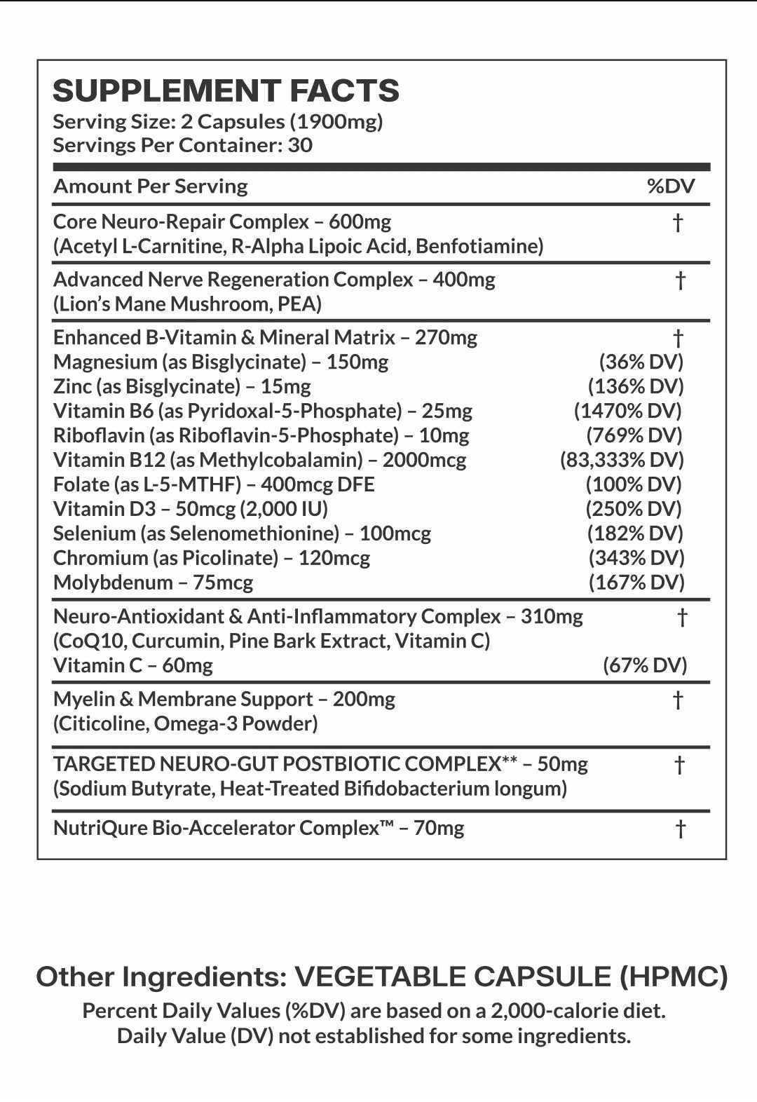 Nutri Nerve  |  Comprehensive Nerve Repair & Neuropathy Support Formula 60 Capsules | 30 Servings | 1,900mg Total